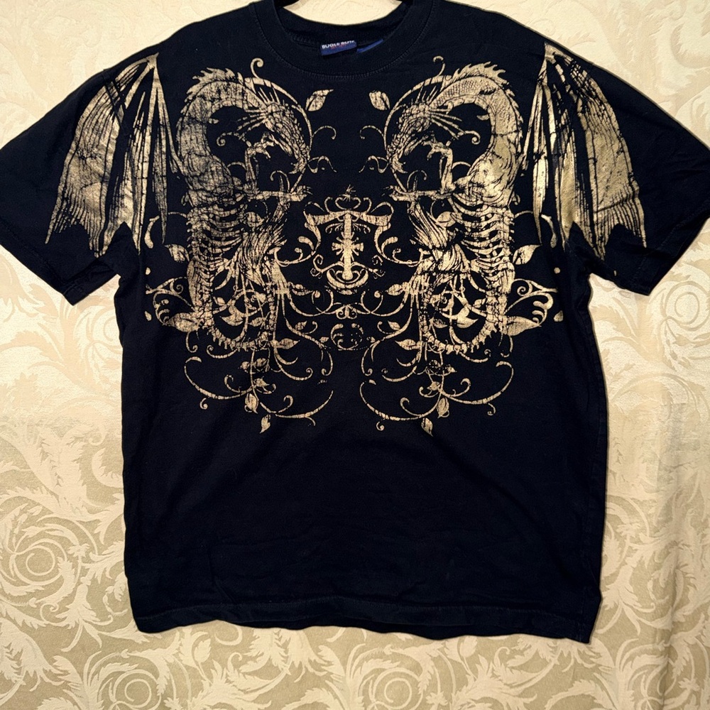 Bugle Boy Vtg Black and Gold Dragon Graphic Tee